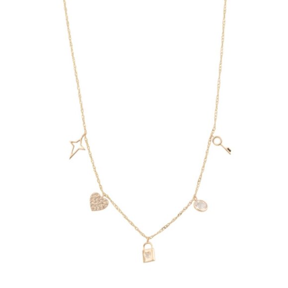 GEMOLIO 14kt Gold White Topaz Multi Charm Lock Necklace - Picture 1 of 2